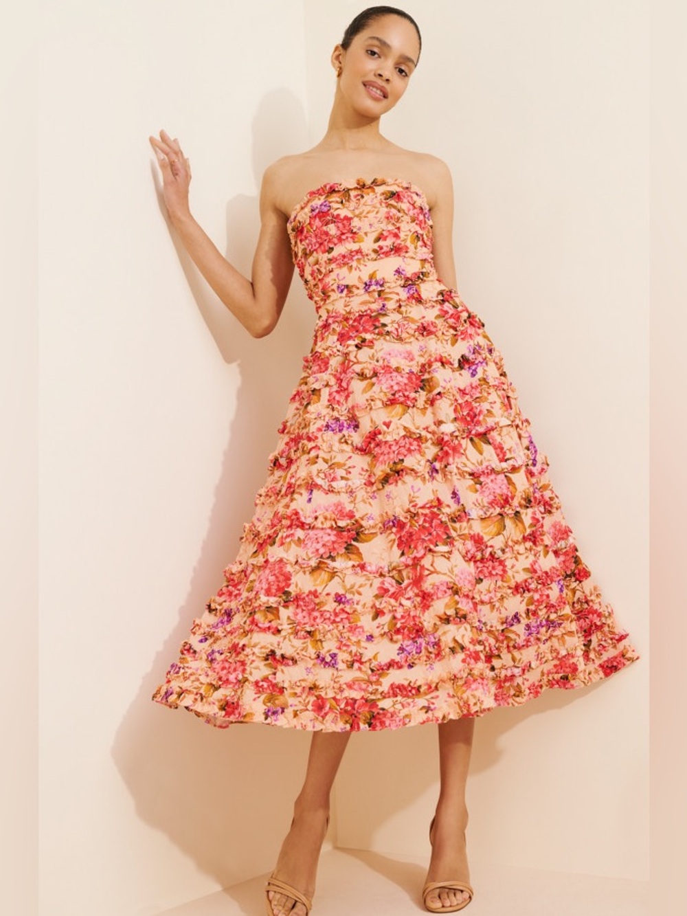 Mac Duggal strapless midi dress featuring an allover tiered ruffle design